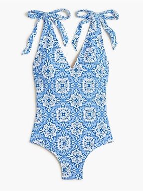 J. Crew Factory | Printed tie-shoulder one-piece swimsuit in Santorini, Sz XL